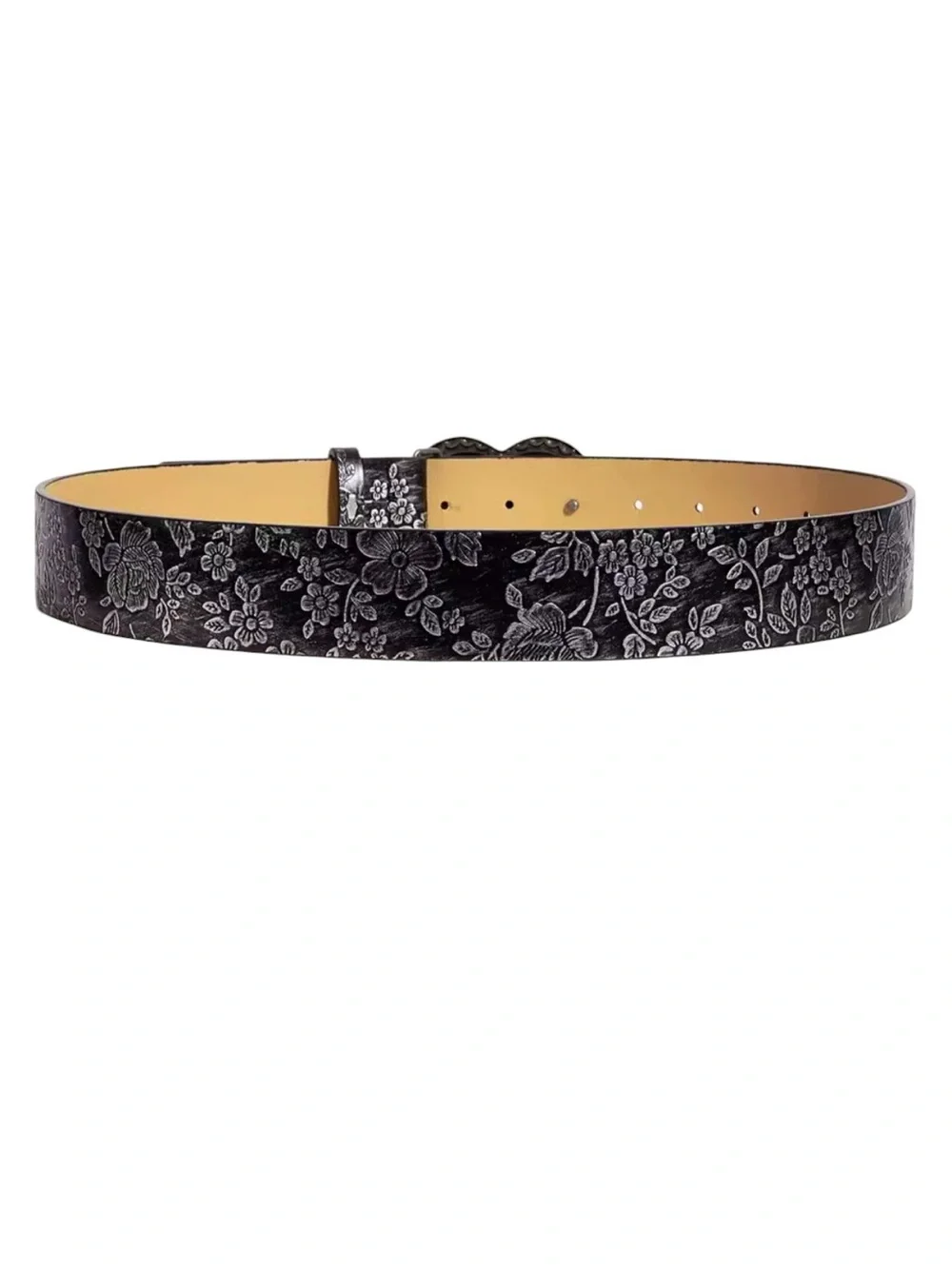 Western Woman Black Floral Heart-Buckle Faux Leather Belt Boho Style